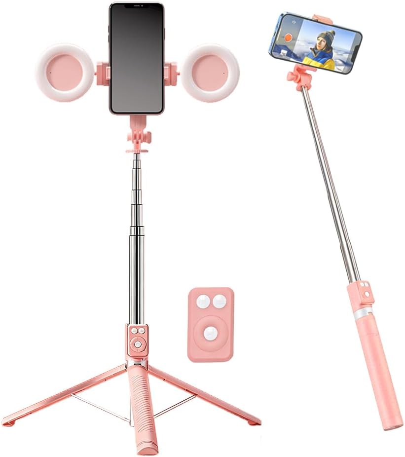 New 6 in 1 Selfie Stick with Fill Light/Auto Face Tracking Selfie Stick Tripod for iPhone with Lig Follows Your Movement 360°Phone Camera Tripod with Wireless Remote (Pink)
