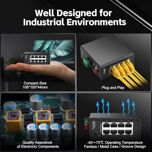 Image of MokerLink 8 Port PoE Industrial Din Rail Switch, 8 PoE+ IEEE802.3af /at, 10 /100Mbps Fast Ethernet, Extend 250M, DIN-Rail & Wall Mount Included