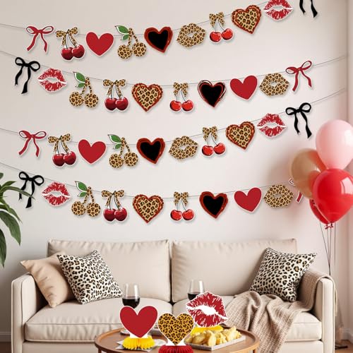 Image of Cheetah Cherry Birthday Party Decorations Leopard Hanging Banner Decor Red and Black Cheetah Cherry Print Pattern Card Banner Safari Animal Birthday Party Decorations Sulpplies for Women Girls