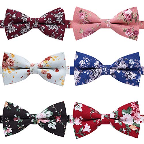 AUSKY 6 PACKS Elegant Adjustable Pre-tied Printed Floral bow ties for Men Boys in Cotton