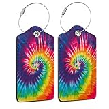 Tie Dye Luggage Tag,Colorful Rainbow Luggage Tags of Set 2 Leather Identifiers Privacy Cover with Stainless Steel Loop for Women Men Travel Bag Suitcase