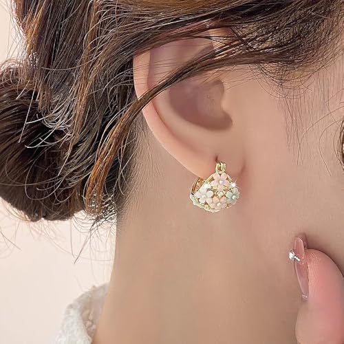 Dainty Flower Hoop Earrings Cute Colorful Pearl Rhinestone Floral Earrings Lightweight Blossom Statement Earrings Jewelry Accessory for Women Wife4