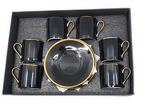 Prestige Kitchen Porcelain Bone China Espresso Turkish Coffee Demitasse Set Of 6 Gold Rimmed Cups + Saucers (Black), Demi-Tasse, 3 Oz, 80 Ml #TOP1