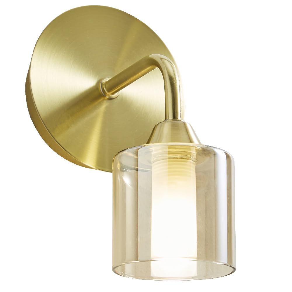 Britalia Wall Light for Bathroom, Satin Brass with Champagne Round Glass, Vintage, 11cm x 13.5cm x 18.5cm, Indoor and Outdoor Use