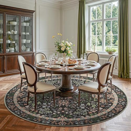 jinchan Round Rug 8ft Area Rug, Soft 8'Circle Vintage Floral Rug Ultra-Thin Non-Slip Low Pile Machine Washable Carpet for Bedroom, Dining Room, Living Room, Office, Foyer, Farmhouse, Black