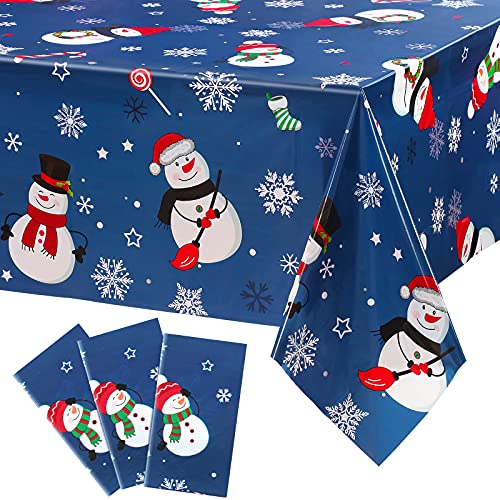 Irenare 3 Pieces Christmas Snowman Tablecloth Winter Snowman Table Cover Plastic Disposable Snowflake Holiday Party Table Cloth for Xmas New Year Party Decorations Supplies, 54 x 108 Inch (Blue)