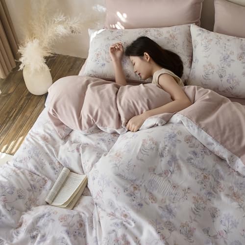 VM VOUGEMARKET Garden Flower Duvet Cover Set Queen,Lyocell & Cotton Bedding Set with Flower Pattern,Breathable & Cool Comforter Cover for Summer (Blush Pink,90x90 Inch)