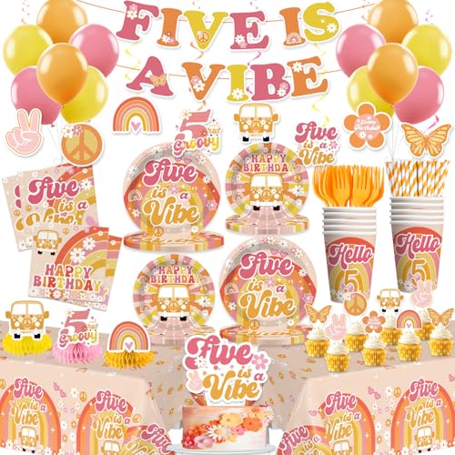 201pcs Five is a Vibe Birthday Party Decorations Tableware Set, 25pcs 5 is a Vibe Thick Plates Banner 2pcs Tablecloths and Cake Topper with Cupcake Toppers for 5th Birthday Decorations Girl, Serves 25