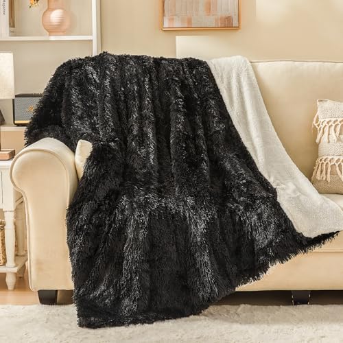 EMME Manta de Piel Sintética 150 x 200 cm - Súper Suave, Gruesa y Elegante - Pelo Largo, Reversible, Cálida y Acogedora para Sofá y Cama - Negro