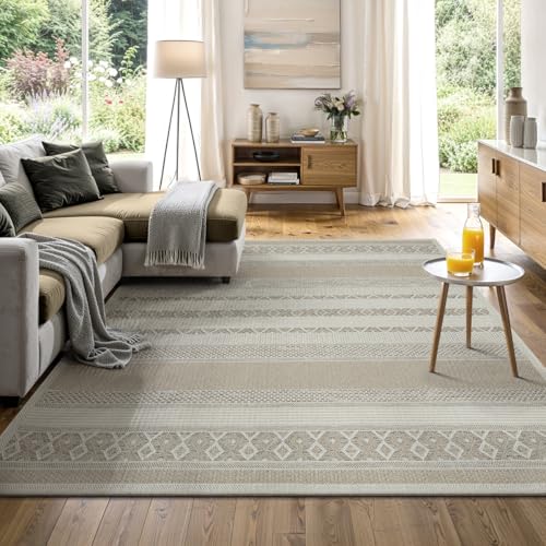 The carpet Calgary - Robusta Alfombra de Exterior, Moderna, Resistente a la Intemperie y a los Rayos UV, para el balcón, la terraza o la Cocina, Plana, Beige, 140 x 200 cm