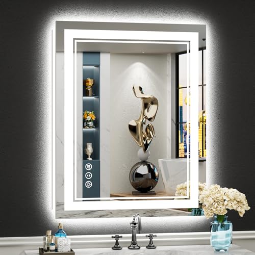 Image of 24x30 LED Bathroom Mirror with Lights, Backlit and Front Lit Anti-Fog Lighted Vanity Mirrors for Bathroom Wall, Dimmable, 3-Color Light, Memory, Shatter-Proof, HD Tempered Glass, CRI>90
