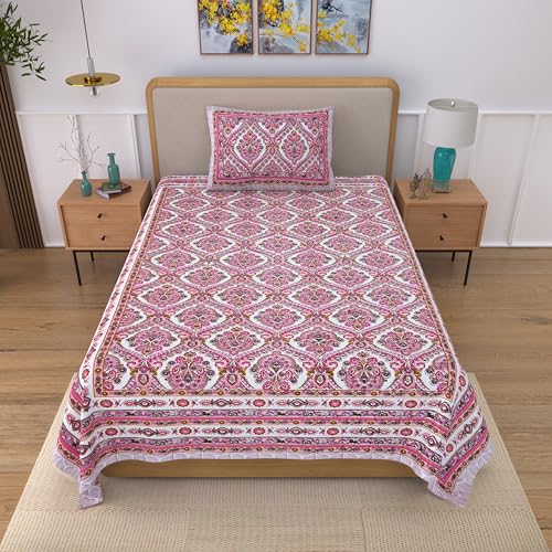 Image of 100% Cotton Single Bedsheet with 1 Pillow Cover | 240 TC Pure Cotton Flat Bed Sheet | Traditional Jaipuri Printed Bedding Set | Soft & Breathable | 60 x 90 Inch (Rangmahal Single 28)