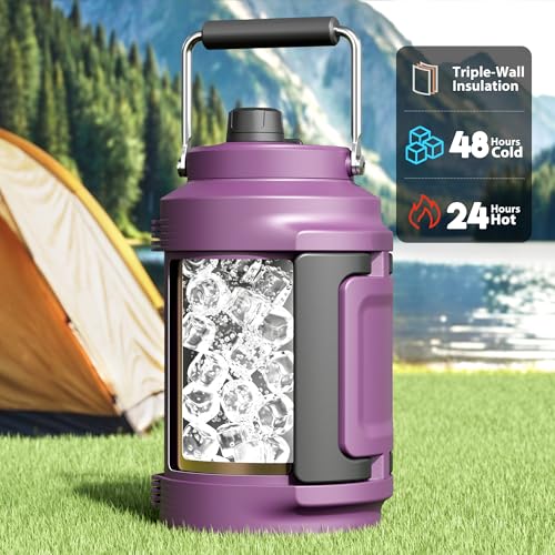 Image of 1 Gallon Insulated Water Bottle for Sports: Meoky 128 oz Triple Wall Vacuum Stainless Steel Water Jug - Top and Side Handles, Cold for 48 Hrs, 2-in-1 Straw and Spout Lid, Leak Proof for Hiking (Plum)