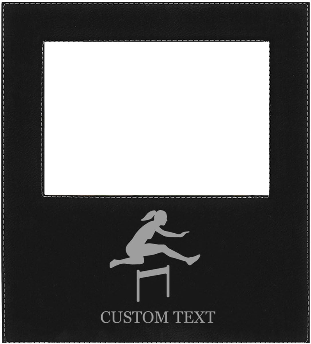 Women's Hurdler - Track and Field Faux Leather Black Leatherette Personalized Group Picture Family 4x6 Custom Landscape Horizontal Kid's Photo Customized Frame