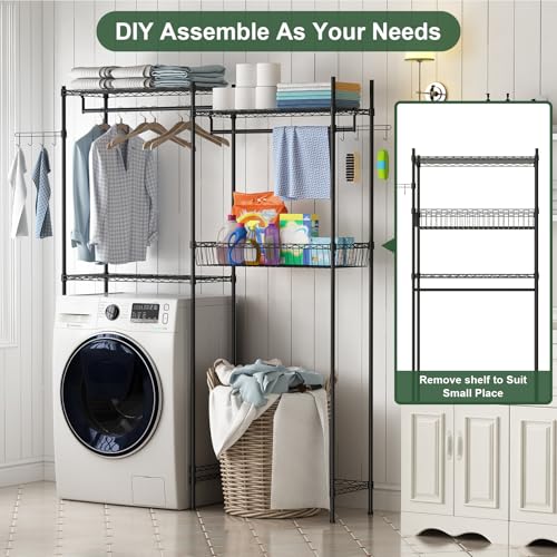 GarveeHome Over Washer and Dryer Shelves, 57.4" W Laundry Room Clothes Drying Rack, Height Adjustable Towel Racks with Hamper and Hooks, Space Saving Laundry Room Organization and Storage