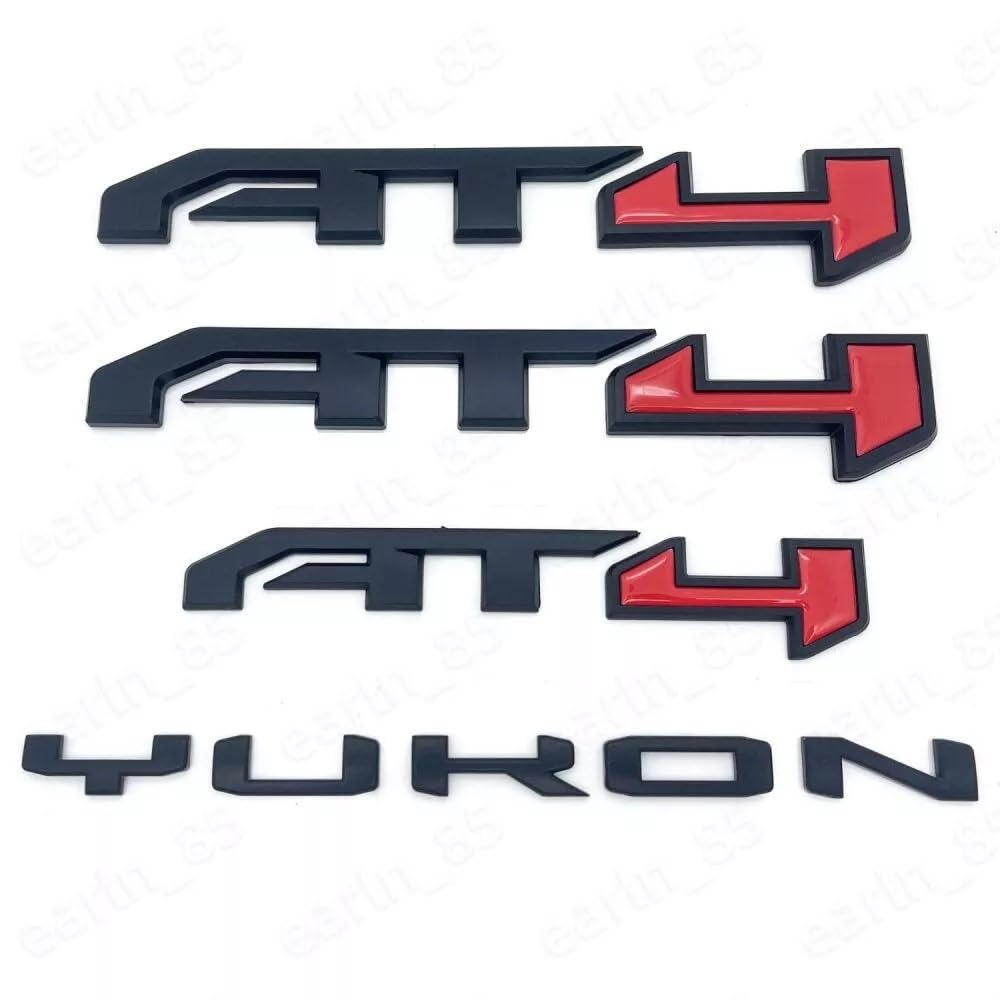4Pc Door Rear AT4 Yukon Emblems Letters 3D Badge Nameplate Replacement for 2021-2024 Yukon Yukon XL (Matte Black Red)