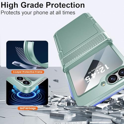 Image of Midkart Card Holder Case Compatible with Samsung Galaxy Z Flip 6 / Z Flip 7 FE with Hinge Protection Built-in Screen Protection Armor Cover Shockproof, Green