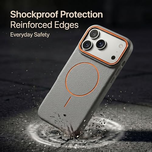 Image of amazon basics Luxury MagSafe Compatible Leather Texture Back Cover for iPhone 17 Pro | Raised Camera Protection | Slim Fit Shockproof Case with Metallic Accents (Gray)