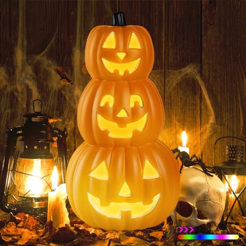 Lanpn 3 Stacked Halloween Pumpkin Lanterns Light Decor, 7 Color Cycle LED Light Jack O Lantern Classic Plastic Vintage Pumpkin for Indoor Outdoor Festival Party Decoration (Black, 16.9
