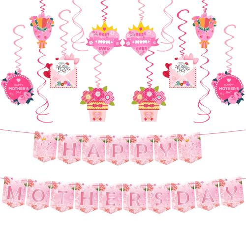 Mothers Day Decorations Happy Mothers Day Banner Bunting Mum Nan Auntie Mothering Sunday Hanging Swirls Garland Party Supplies Decor Set (Mothers Day)