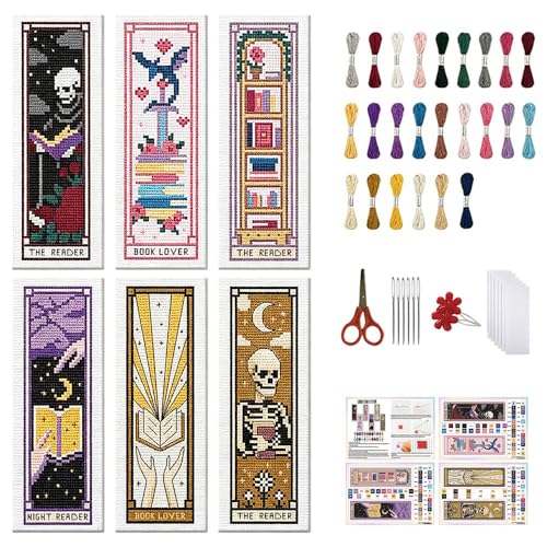 Image of FREEBLOSS 6pcs Cross Stitch Bookmark Kit for Adult Beginners Stamped Tarot Pattern Cross Stitch Kits Embroidery Bookmarks Craft Kit with Instructions for Gift 11CT 8 inchx2.4 inch