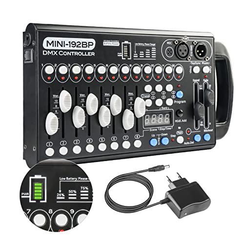 Dmx Controll Lichtmischpult Dmx Controller Eingebaute Batterie 192 Kanäle Dmx Konsole, Lichtmixer Dmx 512 Controller Musikgesteuert Akku Lichtpult Dmx Pult für Moving Head Partylicht Dmx Controler