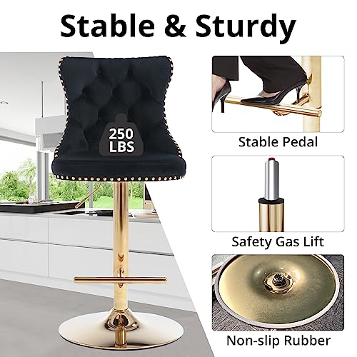 I-Pook Swivel Bar Stools Set Of 2, Adjustable Counter Height Barstools With Nailheads Trim, Button Tufted Back And Golden Footrest, Velvet Bar Chairs For Home Bar Kitchen Island, Black #TOP5