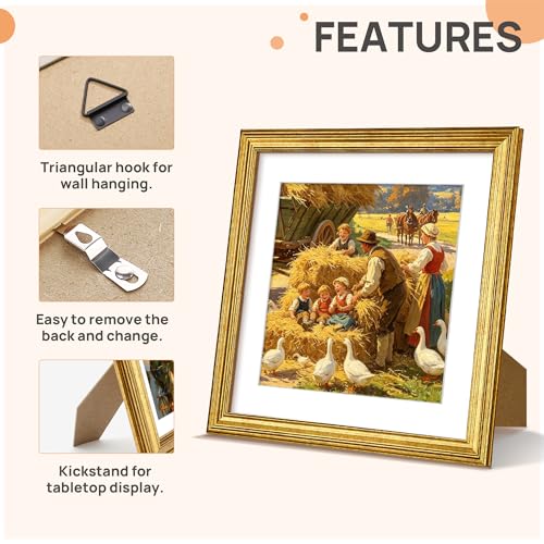 Image of upsimples 10x10 Picture Frame, Vintage Frames Decor, 1Pack Gold | Fit 8x8 and 10 x 10 Square Photo, Wall or Tabletop Display, Antique-style Decoration, Rustic Farmhouse Decor, For Weddings