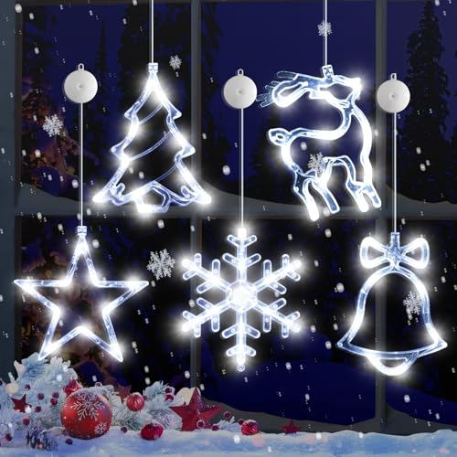 LYUBASA 5Pack Christmas Window Lights Decorations with Timer,Battery Powered Christmas Hanging White Lighted Snowflake Tree Star Deer Bells Shaped LED Sucker for Xmas Fireplace Window Indoor Decor