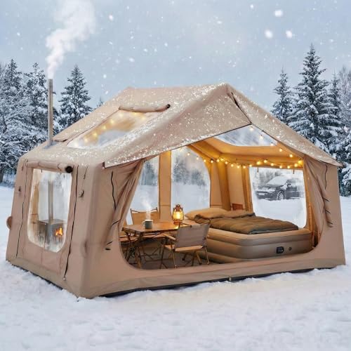 12x7.5 FT Large Inflatable Tent with Stove Jack, 8-10 Person Camping Tent with Electric Air Pump, Clear Skylight & Stove Jack, 420D Oxford Waterproof, Air Tent with Mesh Windows/Doors