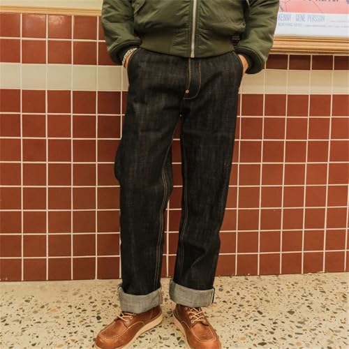 Men’S Casual Loose Fit Straight Heavyweight Selvedge Raw Cotton Full Length Jeans Button Fly High Waist Daily Wear Pants3