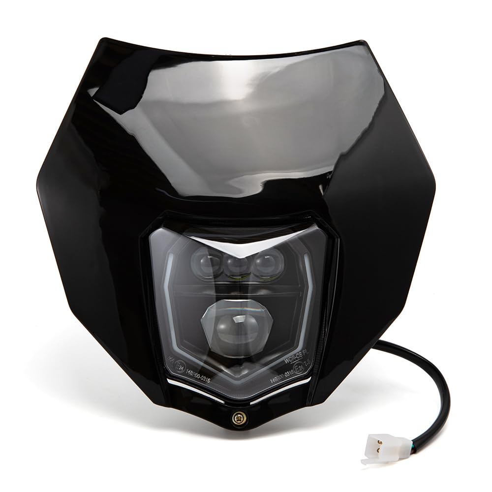 Universal LED Motorrad Scheinwerfer mit Verkleidung Maske E24 Geprüft Für EXC250 SX250 SXF250 EXC450 SX350 SXF450 EXC525 640LC4 Dirt Bike ATV Scooter (Schwarz)