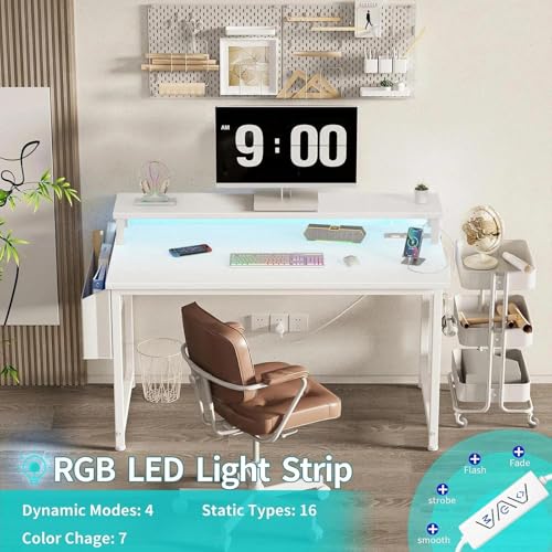 Image of Lufeiya Small White Desk with LED Lights and Power Outlets, 32 Inch Home Office Computer Desks with Monitor Stand, Teen Writing Study Table Gaming Desk with Charging Station, White