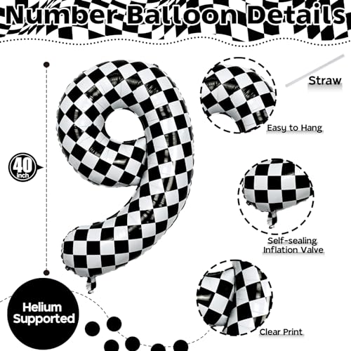 Image of 40 Inch Number 9 Balloons for Boys, Checkered Big 9th Birthday Balloons Decor, Helium Black and White Self Checkered Inflating Foil 9 Racing Balloons for Boys Race Car Flag Party Decoration Supplies