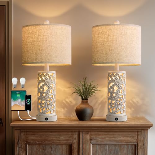 Gormena 22' Dual Light Table Lamps Set of 2 for Living Room, USB A+C Table Lamp for Bedroom, Farmhouse Lamps for Night Stands with Linen Shade for Home Office(Wash White, Bulb Included)