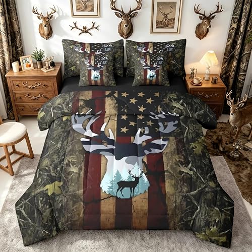 Feelyou American Flag Deer Cabin Comforter Set Full Size Kids Boys Girls