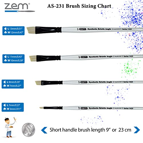 Zem Brush White Hog Bristle Synthetic Angle Artist Brush Set 4 Pcs 1/8" 1/4" 3/8" 1/2" | Acrylic And Oil #TOP2