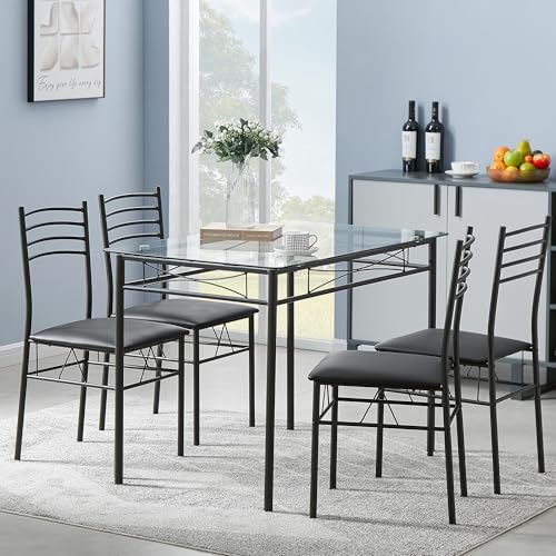 Image of VECELO Dining Table Set for 4, 5-Piece Glass Kitchen Table with Upholstered Padded Chairs for Small Space, Breakfast Nook, Space-Saving, Black