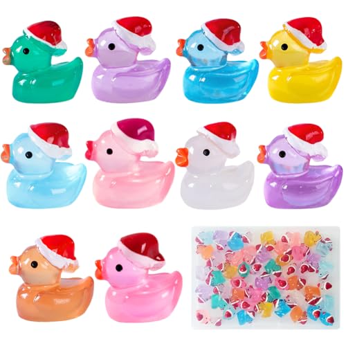 sokey 50PCS Christmas Ducks 10 Colors Mini Resin Ducks With Christmas Hat Duck Miniature christmas Decorations Figures Ornament for Micro Landscape Garden Xmas Party Bag Fillers