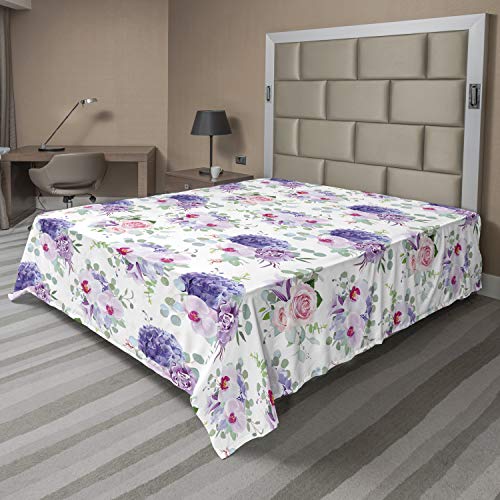 Ambesonne Floral Flat Sheet, Botanical Theme Roses Orchids and Carnations Motif Spring Flowers, Soft and Comfortable Top Sheet Decorative Bedding 1 Piece, Full Size, Blue Violet Pale Pink
