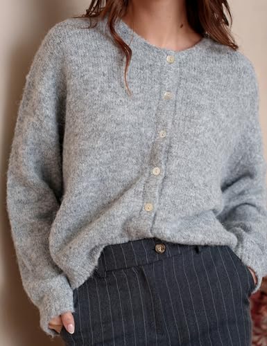 Image of Ynhonra Womens Cardigan Sweater Front Button Loose Y2k Long Sleeve Crewneck | Lightweight Knit Ribbed Hem