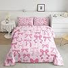 Feelyou Bow Star Print Bedding Set Queen Size Cute Bowknot Comforter Set for Kids Boys Girls Decor Girls Bow Comforter Microfiber Pink Bow Duvet Set Bedroom Quilt Set #1