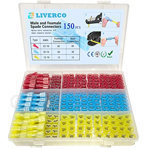 150 PCS,Spade Connectors, Nylon Insulated Male and Feamal Spade Terminal, Wire Connectors,...