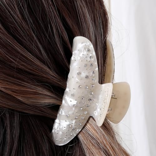 Embellished PVC Hair Claw Clip with Rhinestones for Thick Hair Women Gift, White