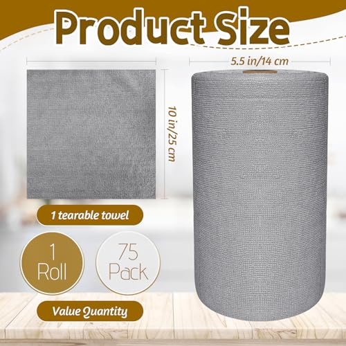 OJYUDD 75 Pack Microfiber Cleaning Cloth Roll,Reusable Tear Away Towels,Washable Ultra Absorbent Cleaning Rags for House,Car,Glass,Garage,Kitchen or Shop(Grey)