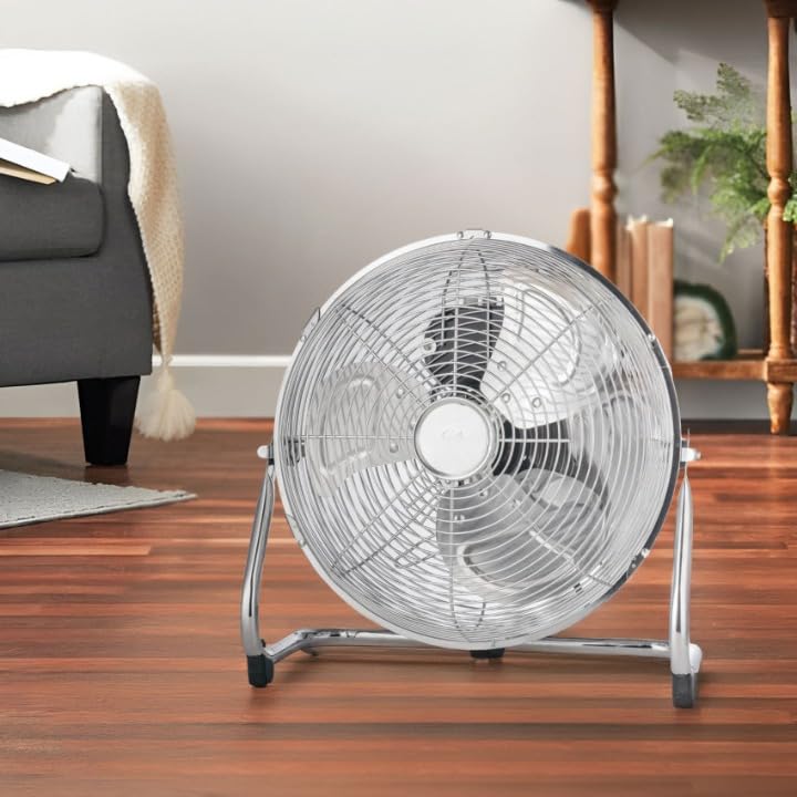 Genérico Ventilador de Suelo 12” (30 cm) 55W Plateado – 3 Velocidades, Oscilación Vertical 180°, Motor DC de Cobre, Flujo de Aire 4.5 m/s, Silencioso 56 dB, Ideal para Hogar y Oficina
