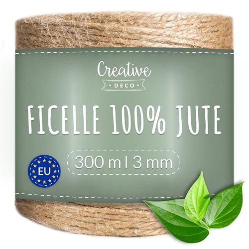 Creative Deco 300m ficelle Jute Épaisseur 3mm | Attache Tomate | Deco Mariage Champêtre | Bricolage | Corde Jute | Cordelette | Naturelle | Ballon