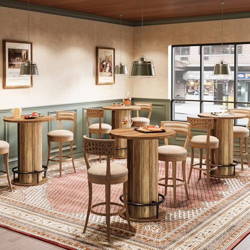 Image of Tribesigns Round Dining Table Set of 4, Bar Height Commercial Kitchen Table with Wood Strip Base and Footrest, for Dining Room, Restaurant, Cafe, Bakery, School, Apartment, Brown (Only Table)