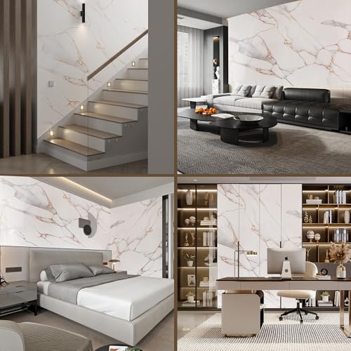 KASARO Peel and Stick Backsplash Wall Tile, 5-Piece Vinyl Marble White with Gold Stripes Thicker Wallpaper, Self-Adhesive Waterproof Panel Decor Accent for Kitchen, Bathroom, 118 × 47inch KASARO Peel and Stick Backsplash Wall Tile, 5-Piece Vinyl Marble White with Gold Stripes Thicker Wallpaper, Self-Adhesive Waterproof Panel Decor Accent for Kitchen, Bathroom, 118 × 47inch