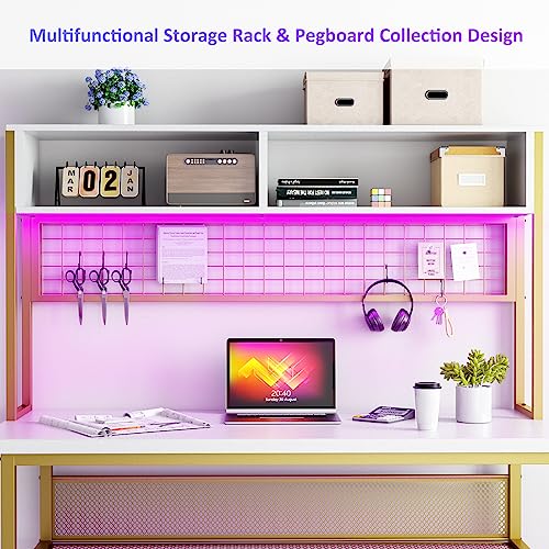 Large U-Shaped Office Desk with Hutch, Power Outlets, LED Strip, and Storage Shelves